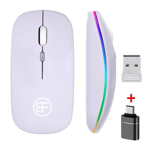 Souris sans fil Bluetooth 2.4GHz, Rechargeable, silencieuse, USB, pour jeu, 1600DPI, pour PC, Mac, tablette, ordinateur portable, Ipad Purple And OTG