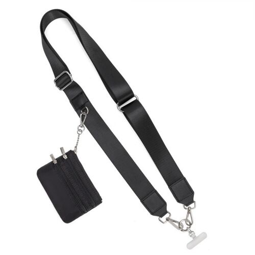 Longe de téléphone multifonctionnelle détachable en nylon avec large bandoulière et porte-monnaie Le noir