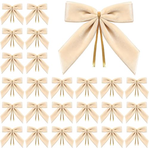 24Pcs Velvet Noël arcs pour Arbre de Noël Ruban , Guirlande, Cadeau d'emballage, fête, Twist Cravate arcs pour la Maison décor de Vacances(Beige)