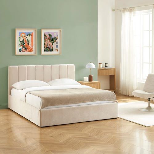 Lit coffre 160x200 tissu beige sommier inclus