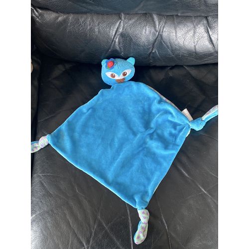 DOUDOU PLAT CHAT CARRÉ BLANC CARRÉ BLANC BLEU FLEURS MAUVE LOSANGE 43 CM