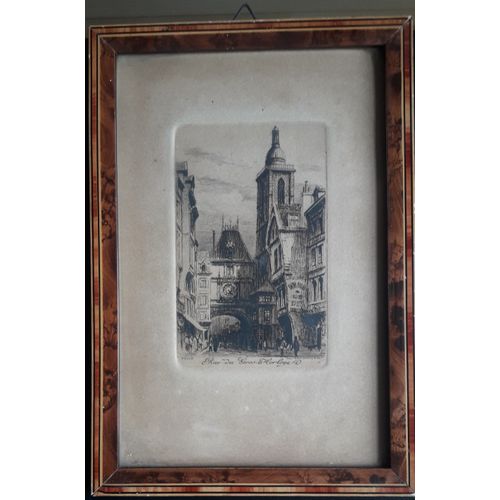 Lithographie "Rouen - Rue Du Gros Horloge" / 25 X 17 Cm (Sous Verre - Encadrement Bois)