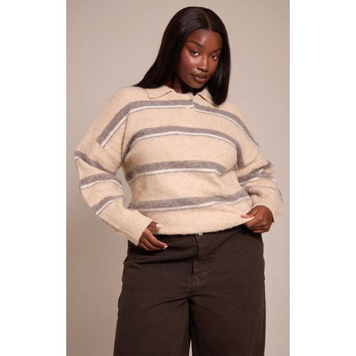Femme Plus Pull Oversize Style Rugby En Maille Tricot Brossée Taupe À Rayures | Taille 3xl