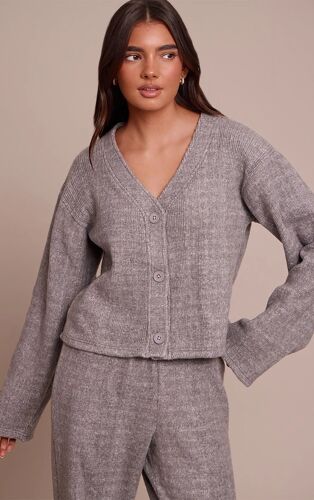 Femme Cardigan Épais Doux Côtelé Brossé Gris Charbon À Épaules Carrées Gris Anthracite | Taille 32