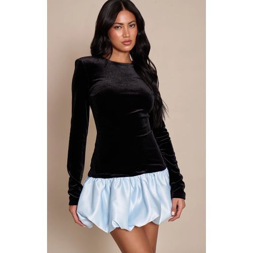 Femme Mini Robe Bouffante En Velours Noir À Manches Longues Et Ourlet Satiné Tombant | Taille 34