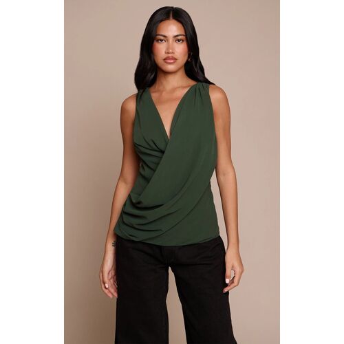 Femme Top Drapé En Mousseline De Soie Vert Forêt Sans Manches | Taille 36