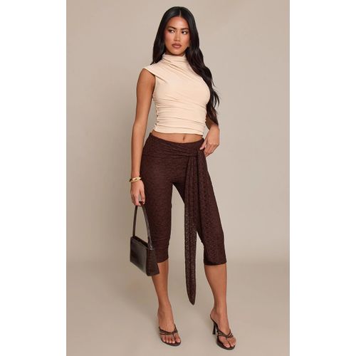 Femme Pantalon Capri En Dentelle Texturée Chocolat À Détail Drapé | Taille 38