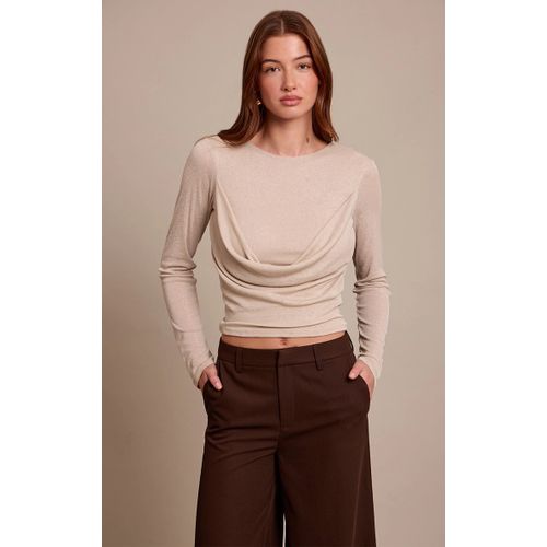 Femme Top En Mesh Dévoré Beige À Manches Longues Et Partie Drapée | Taille 38