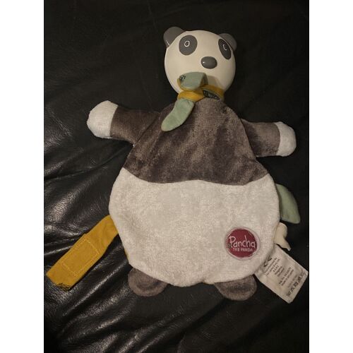 Doudou Panda blanc noir et jaune Tikiri 24 cm