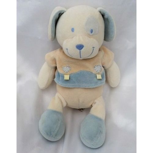 Doudou Peluche Chien Ecru Beige Broderie Coeur Cocard Bleu Nicotoy