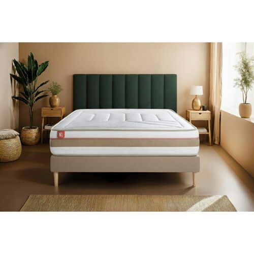 Ensemble LE TENDRE 90x190cm Ressorts ensaches + Memoire de forme 7 zones de confort - Ep. 28cm + sommier kit Beige
