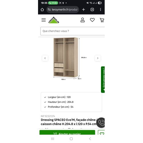 Dressing SPACEO Evo'M, façade chêne / caisson chêne H.204.8 x l.120 x P.54 cm