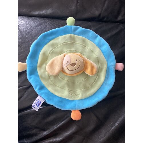 Chien doudou rond plat bleu et vert chicco 29cm