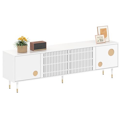 Meuble TV- 170x36x54 cm- 4 Portes Grilles Anti-Bascule-Gestion Câbles-Blanc