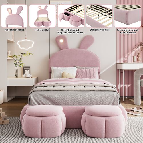 Lit enfant 90x200cm - tête lapin LED, 2 poufs rangement, velours rose