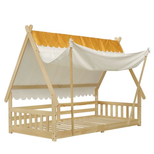 Lit Enfant,Lit simple 90×200 cm,design exquis de maison en bois,tente amovible,pin et contreplaqué,naturelle