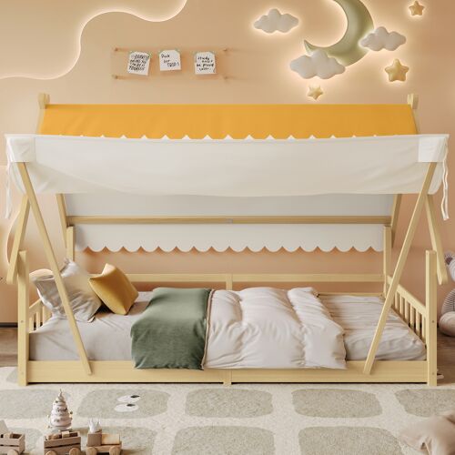 Lit cabane enfant 90x200 simple en bois design raffiné tente amovible sommiers lattes stables barrières sécurité pin contreplaqué naturel