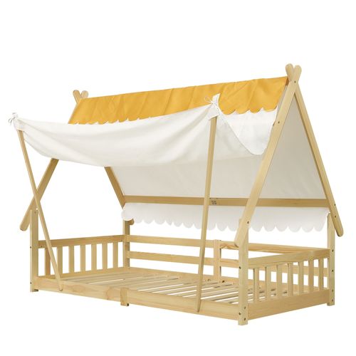 Lit Enfant,Lit simple 90×190 cm,design exquis de maison en bois,tente amovible,pin et contreplaqué,naturelle