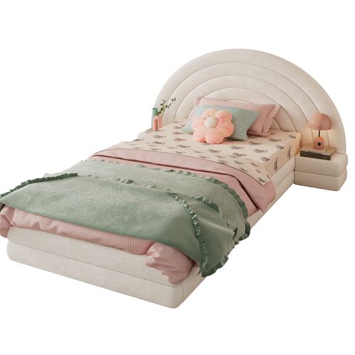 Lit Simple Enfant 90x200cm,Tête Arc-en-Ciel,Tables de Chevet 2 Côtés,Sommier Stable, Similicuir,Beige