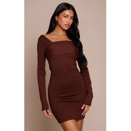 Femme Mini Robe Asymétrique En Maille Tricot Chocolat À Manches Longues | Taille Medium