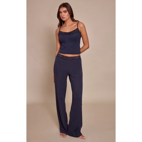 Femme Pantalon Large Bleu Marine À Bordure En Dentelle | Taille Small
