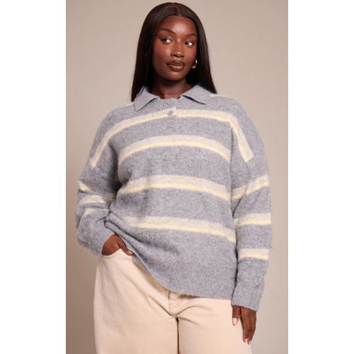 Femme Plus Pull Oversize Style Rugby En Maille Tricot Brossée Grise À Rayures | Taille Xl
