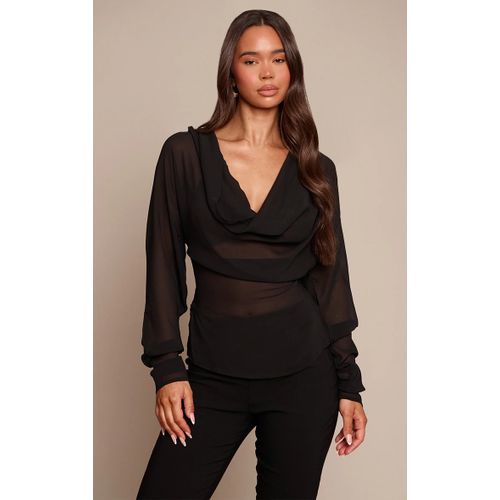 Femme Blouse En Mousseline De Soie Noire Col Bénitier Et Manches Longues | Taille 38
