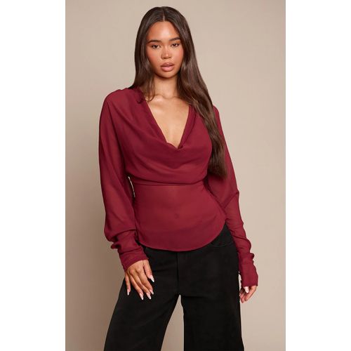 Femme Blouse En Mousseline De Soie Prune À Col Bénitier Et Manches Longues | Taille 44