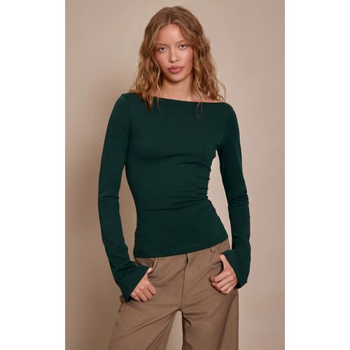 Femme Top En Coton Doux Vert Forêt À Col Bateau Et Manches Longues Evasées | Taille 32