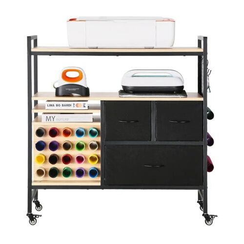 Chariot de Rangement Polyvalent pour Plotters de Découpe-Duoku-Table de Travail avec 20 Porte-Rouleaux de Vinyle et 3 Tiroirs