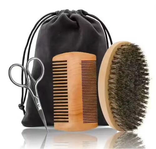Kit D'Entretien De Barbe, Brosse En Bois Et Poils De Sanglier, Peigne En Bois, Ciseau Et Sac De Rangement 