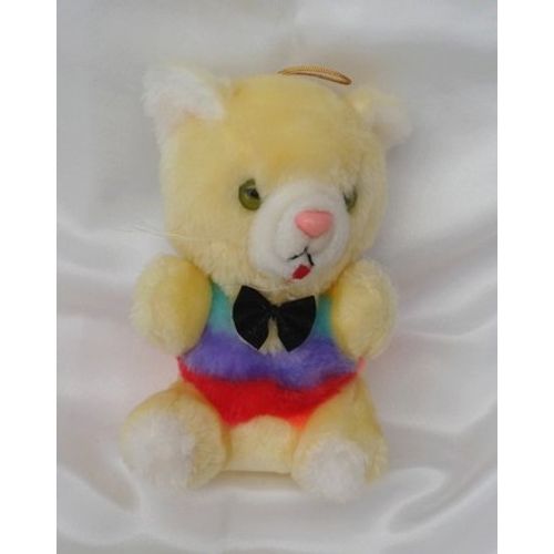 Doudou Peluche Chat Assis Jaune Rouge Violet Noeud Noir Vintage Marki