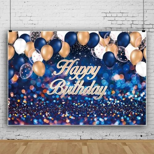 Toile de Fond Photographie 300x250cm Anniversaire Bleu Or Ballon Paillettes Vinyle.