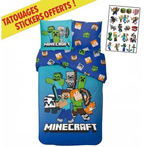 Housse De Couette Minecraft Block 140x200 Cm - Coton+ Stickers Offerts - 1 Place (Taille Taille Unique,Couleur Bleu)