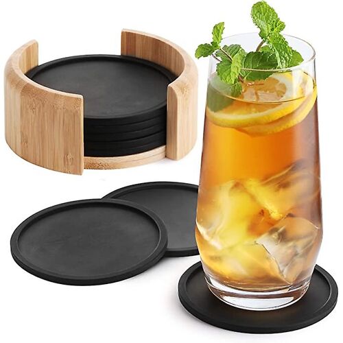 Dessous De Verre Ronds En Silicone Pour Verres - Lot De 8 Avec Boîte - Dessous De Verre Design Noir Pour Boissons, Tasses, Bar, Verre - Dessous De Verre De Table En Silicone