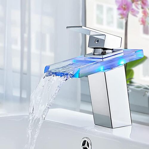 Robinet mitigeur de lavabo cascade LED 3 couleurs Robinet de salle de bain cascade chromé Robinet de lavabo en laiton et verre pour lavabo