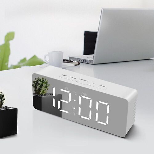 Réveil miroir, réveil numérique avec date, température, répétition d'alarme, 2 alarmes, port de chargement USB, affichage LED