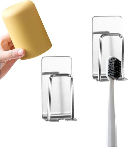 Lot de 2 porte-brosses à dents 2 en 1, fixation murale, sans perçage, support auto-adhésif durable pour le placement du gobelet (argent)