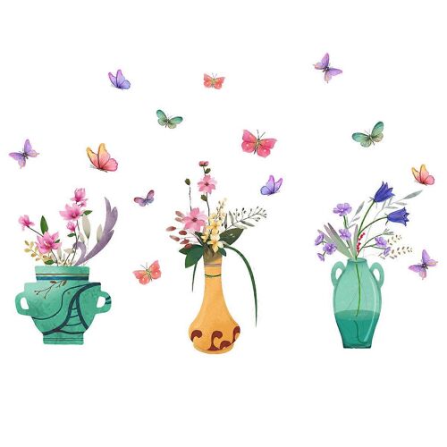 Un ensemble d'autocollants muraux Fleurs dans un vase Papillons Autocollants muraux Fleurs Autocollant mural pour chambre de fille Salon Bureau