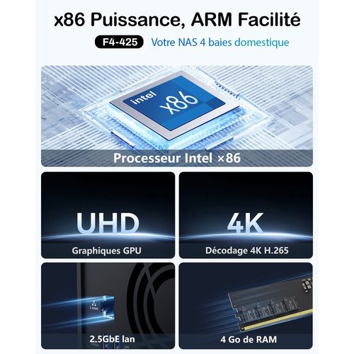TERRAMASTER F4-425 NAS 4 Baies - Processeur Quad-Core Intel x86, 4 Go de RAM, LAN 2.5GbE, Serveur Multimédia NAS pour Utilisateurs Domestiques