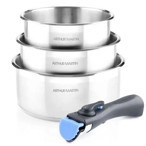 Set De 3 Casseroles 16-18-20 Cm Arthur Martin Am3710 - Acier Inoxydable - Poignée Amovible - Tous Feux Dont Induction