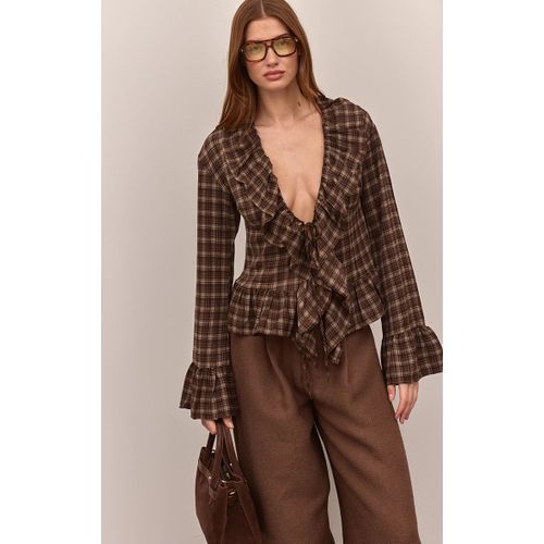 Femme Blouse Marron À Carreaux Et Volants | Taille 32