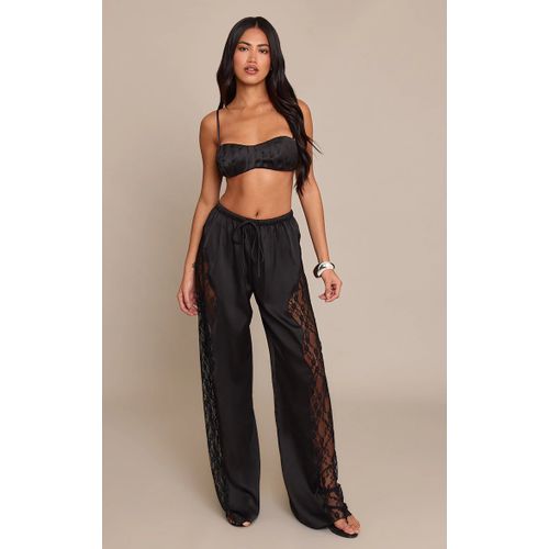 Femme Pantalon Satiné Noir À Cordons Ajustables Et Parties En Dentelle | Taille 38