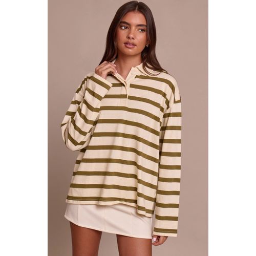 Femme Top En Coton Vert Sauge Rayé À Col Polo Et Manches Longues | Taille 42
