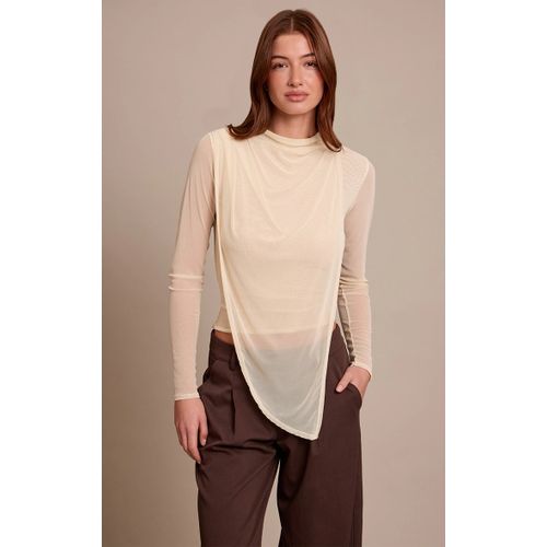 Femme Top Drapé En Mesh Crème À Col Montant Et Manches Longues | Taille 38