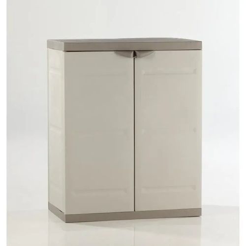TITANIUM PLASTIKEN Armoire basse 2 portes avec étagères l70 x p44 x h88 cm Beige et Taupe Gamme TITANIUM Intérieur/Extérieur