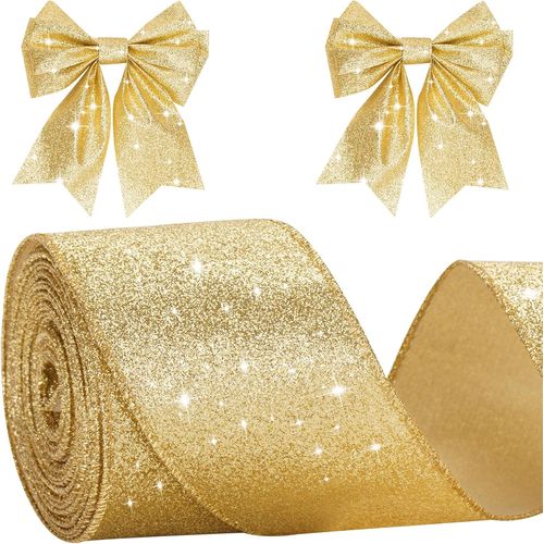 6cm Ruban Doré Noel avec Fil - 10m Ruban Cadeau Emballage Brillant, pour Arbres de Noëll, Mariage, Couronnes, Artisanat