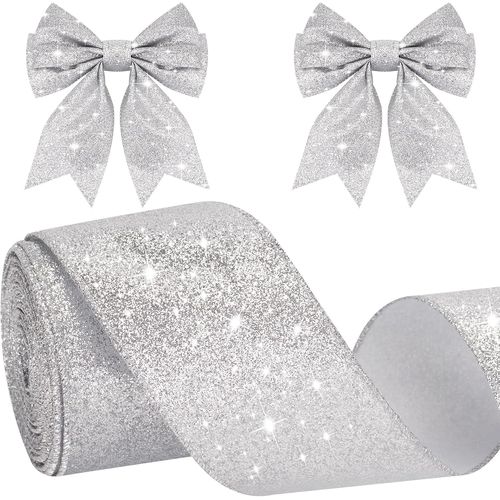 6cm Ruban Argent Noel avec Fil - 10m Ruban Cadeau Emballage Brillant, pour Arbres de Noëll, Mariage, Couronnes, Artisanat