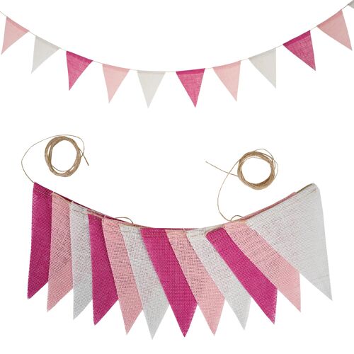 Banderoles Hessiennes de Décoration de ixde Mariage, Guirxiété de Carnaval, Accessoire Photo Vintage, 12 ou 13 Drapeaux 12flags-Rose