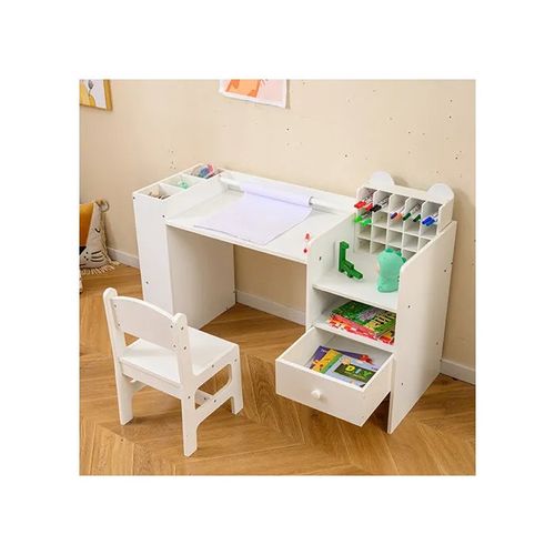 COSTWAY Ensemble Table et Chaises Enfants - Porte-rouleau de Papier Amovible - Tiroir et Bibliothèque de Rangement Multifonctionnel